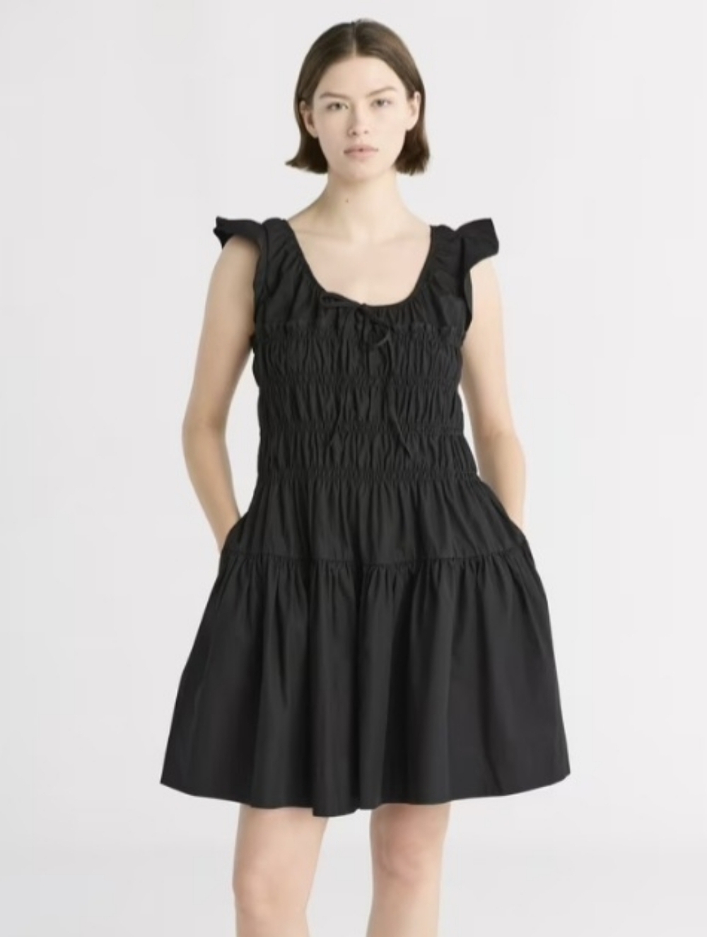 Free Assembly Black Smocked Short Dress Size Large NEW NWT Flutter Sleeve